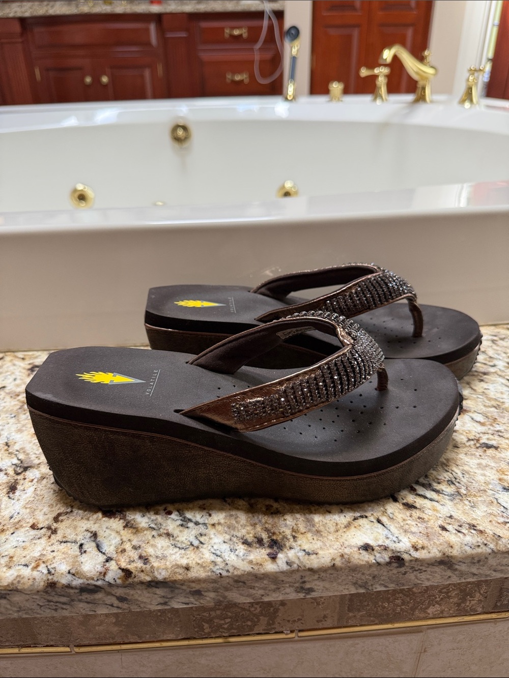 Volatile Wedge Flip Flop Sandals with rhinestone Straps - Brown